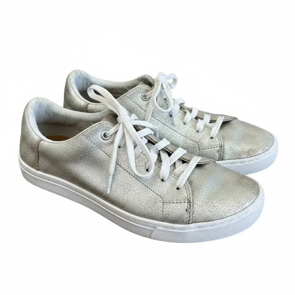 Toms Lenox Sneakers Silver Metallic Leather Crackle Shoes Lace-up Womens 9